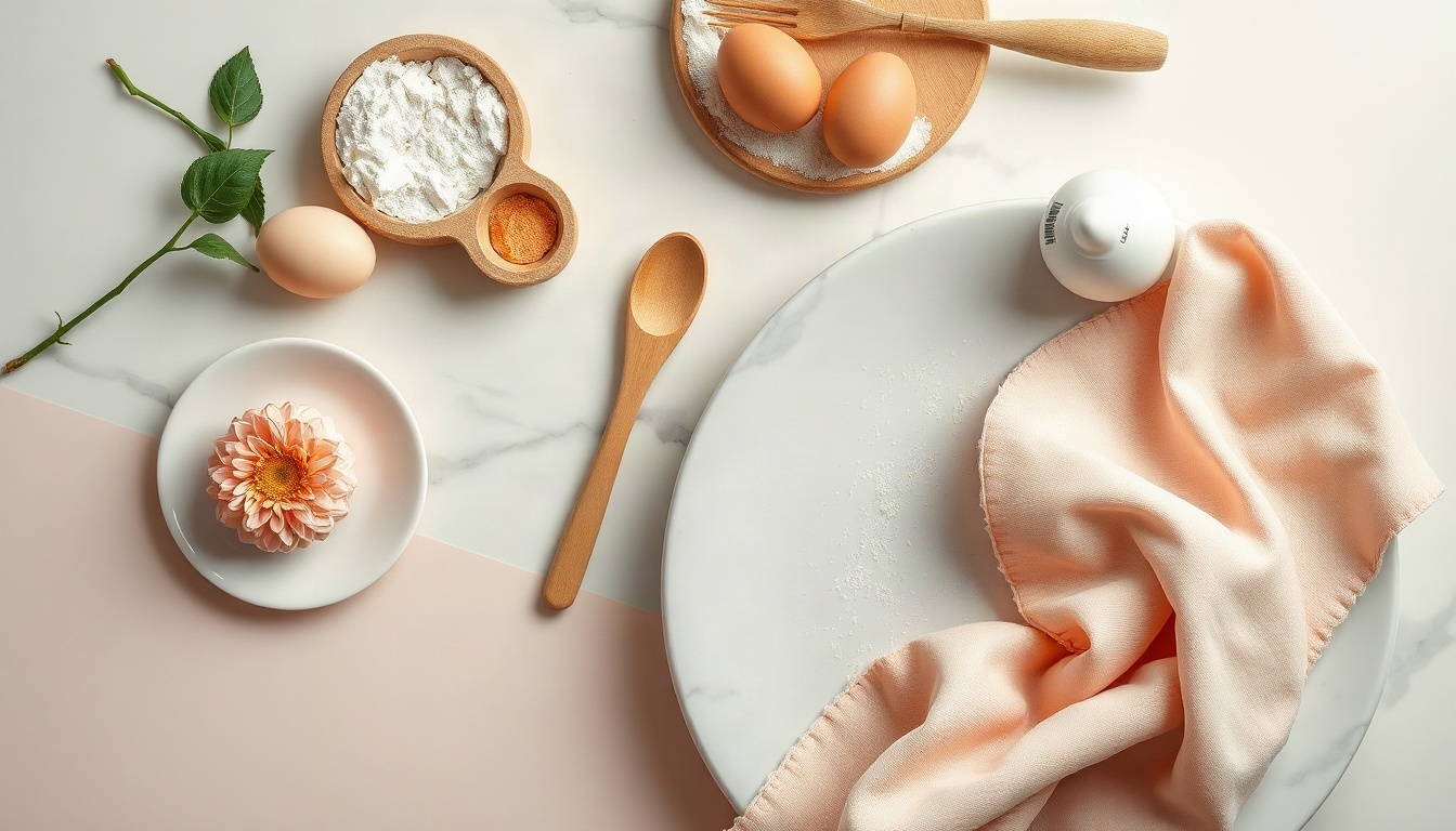 홈베이킹 - overhead view of cozy home baking setup with flour, eggs, wooden spoon, mixing bowl and autumn apples on a linen tablecloth