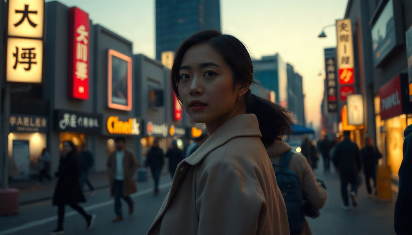 가방 추천 - Korean woman upper body shot with face visible, wearing beige trench coat and carrying brown shoulder bag on autumn city street, bag recommendation daily look, natural hands