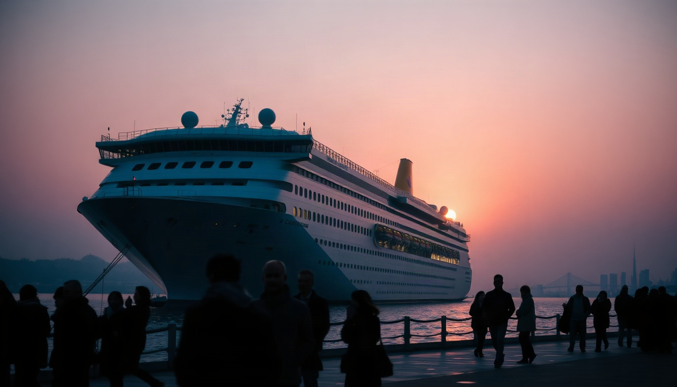 크루즈 방한객 - large cruise ship docked at Korean harbor at sunset, cruise visitors to Korea concept, wide scenic shot