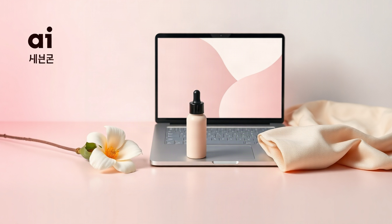중랑구 구민정보화교육에 - flat lay of laptop showing AI design template, cozy winter greeting card mockups, coffee cup and knit scarf on white desk, generative AI design class concept