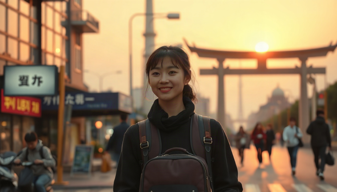 여행 준비물 - Korean woman upper body shot with face visible, smiling while packing travel essentials into a beige suitcase in bright bedroom, natural hands, cozy winter travel