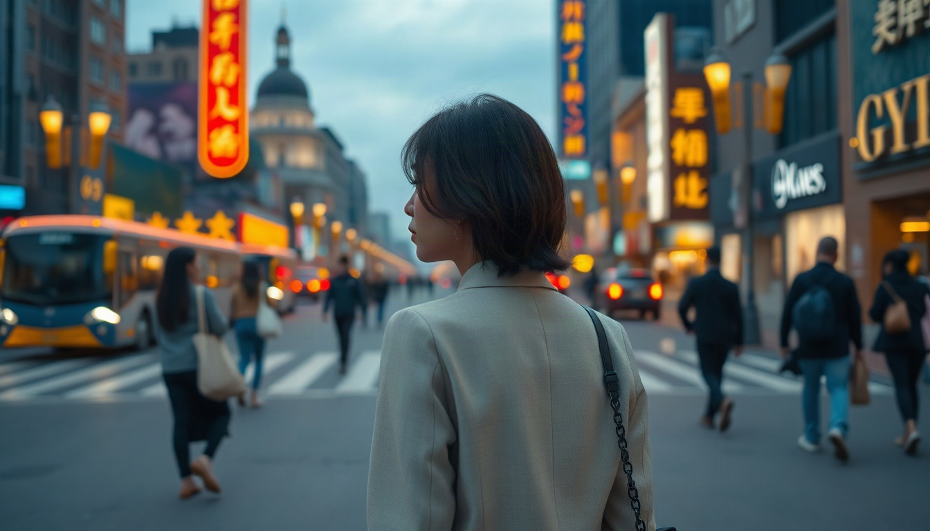 출근룩 코디 - Korean woman full body shot with face visible, wearing elegant office outfit with camel trench coat and wide slacks, walking on autumn city street, natural hands